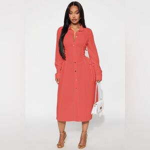 Fashion Nova Josephine Collar Long Sleeve Midi Dress - Marsala NWT